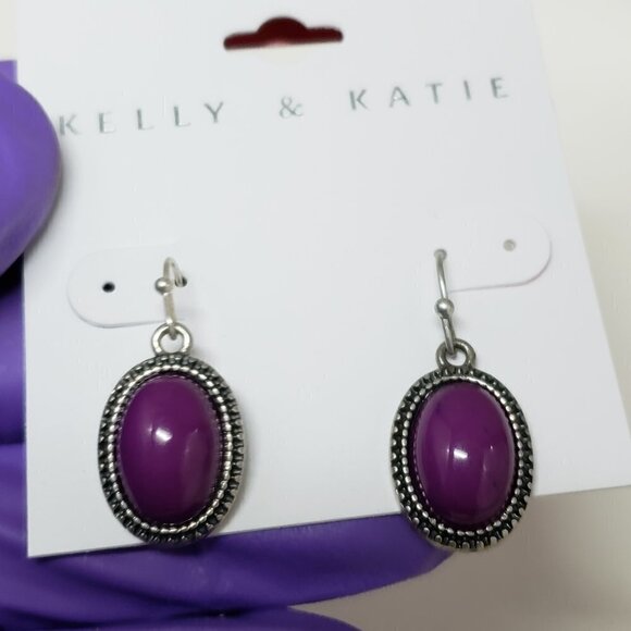 Women's Silver tone Dainty Design Purple Stone Oval Fishhook Teardrop Earrings - Picture 5 of 7